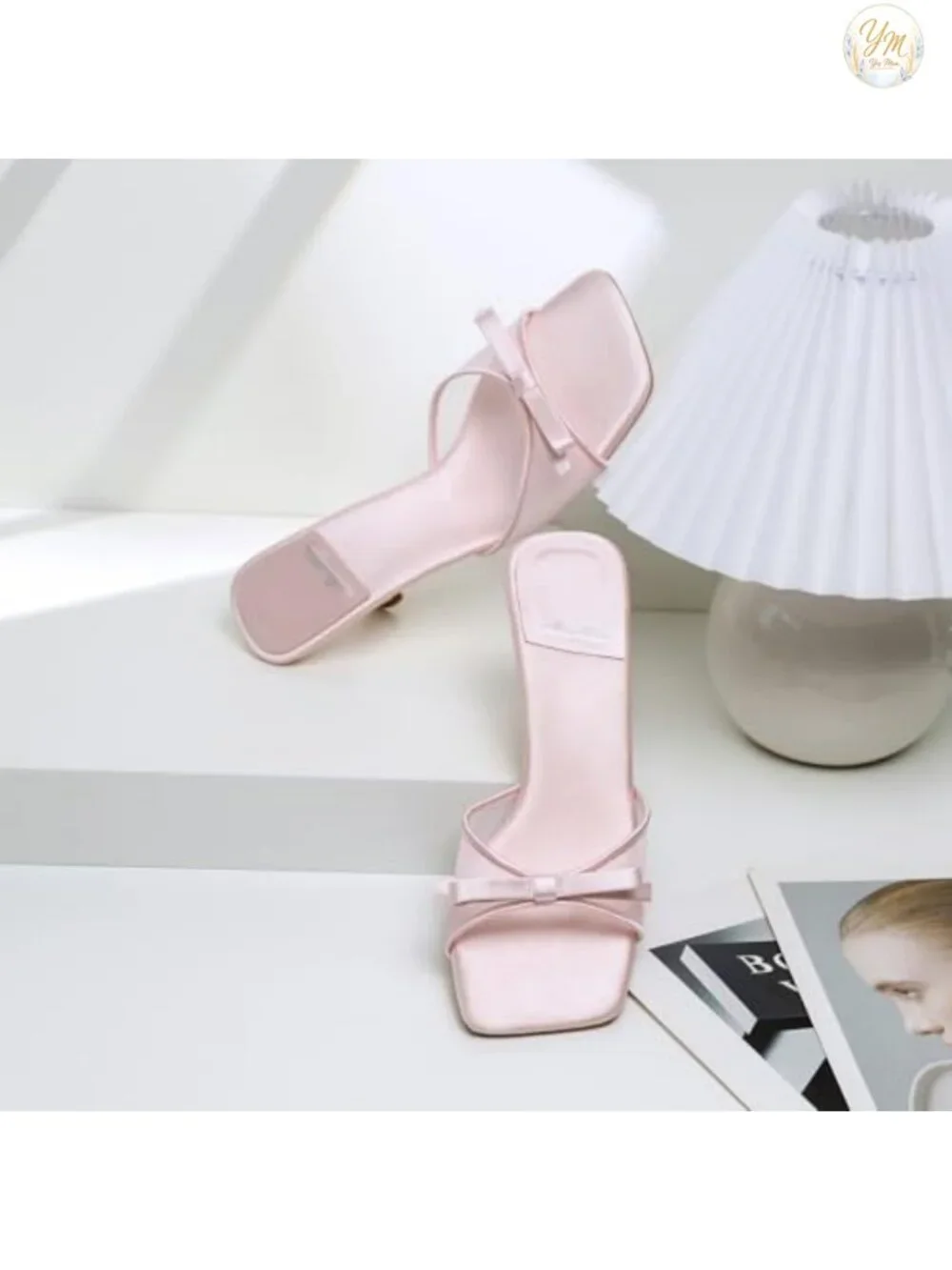 Kitten Heels for Women Round Toe Bow Vintage Mules Slip on Stiletto Backless